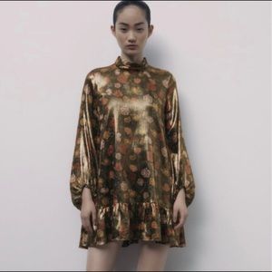 Zara festive gold floral shift dress